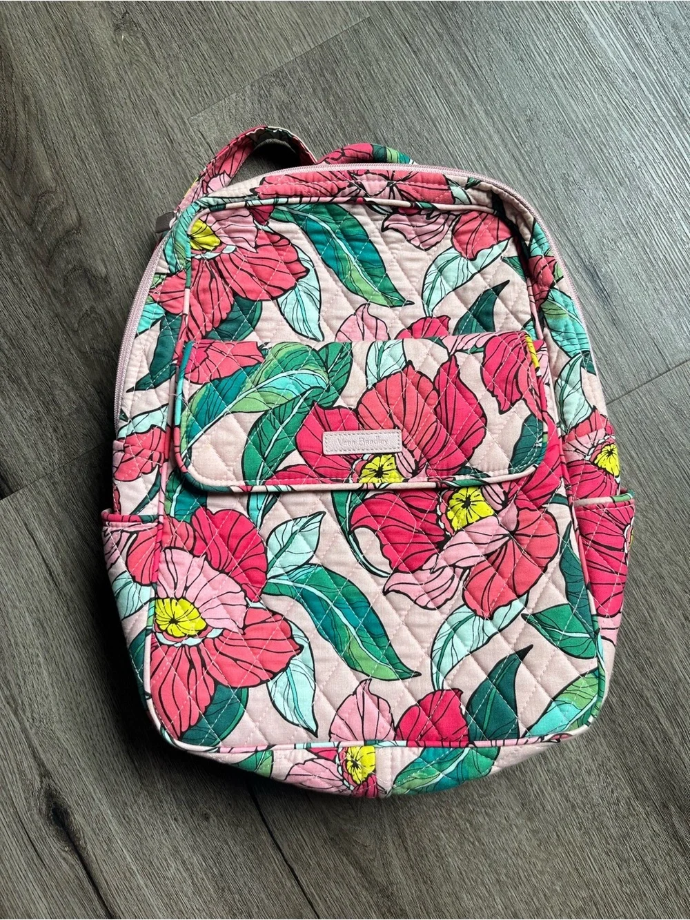 Vera Bradley Pink Floral Quilted Backpack with Green Leaves - Picture 1 of 6